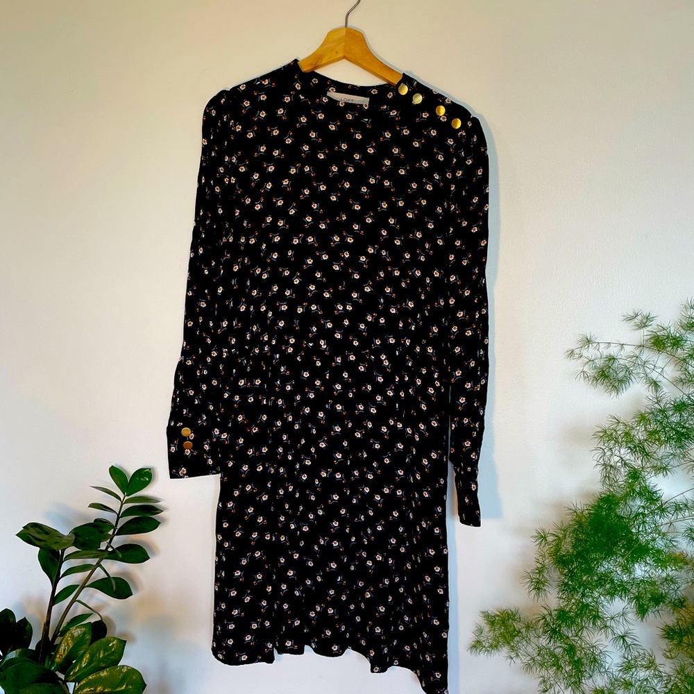 LOFT Dark Blue Floral Dress with Gold Accents